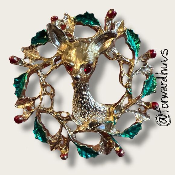 Bundle Sale 3 for $15 | Vintage Christmas Wreath Brooch – Deer Motif - Picture 1 of 7
